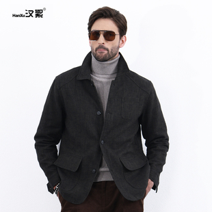 复古通勤上衣休闲亚麻夹克 时尚 汉絮老钱风棉麻翻领外套男款 秋冬季