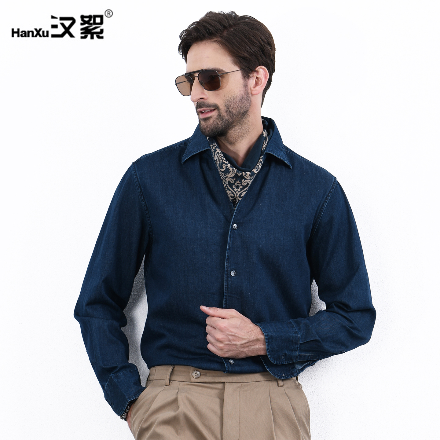 意式一片领棉麻牛仔长袖衬衫