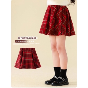 女童裙子红色冬装儿童格子半身裙秋冬款伞裙加厚女孩短裙冬季洋气
