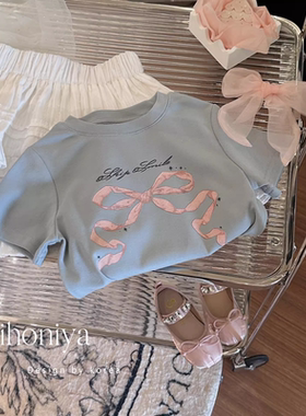 韩国童装2025夏季韩版圆领T恤纯棉短袖儿童宽松上衣蓝色半袖潮牌7