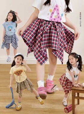 童装宝宝红色格子裙裤女童2026春夏季新款休闲小女孩不规则半身裙