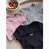 棉T恤2024夏季 新款 儿1童上衣服女2童韩版 女宝宝蝴蝶结短袖 打底衫