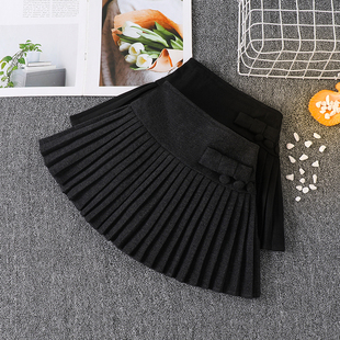 女童半身裙裤高腰法式毛呢短裙子秋冬季新款加厚黑灰色a字百褶裙4