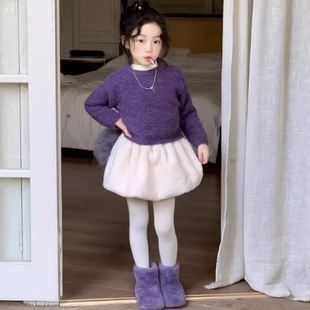 儿童半身裙冬季加绒加厚圣诞裙子女宝保暖灯笼蓬蓬裙毛毛短裙童装