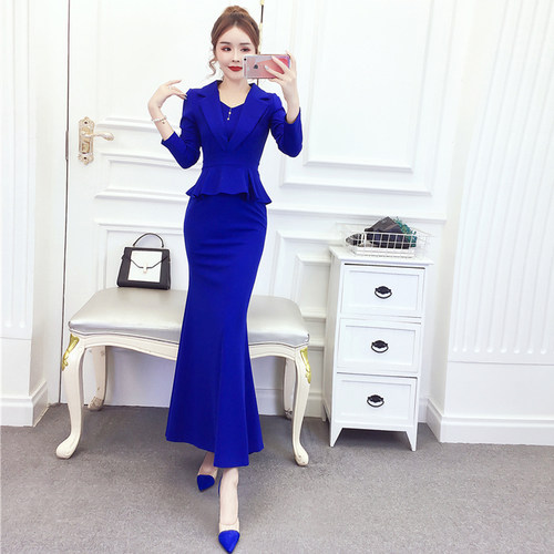 欧美鱼尾裙纯色荷叶边新品连衣裙