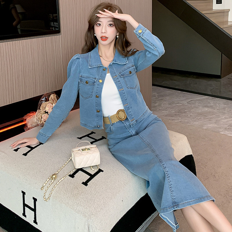 秋冬高级感牛仔套装女长袖翻领外套高腰半身裙子设计感小众两件套