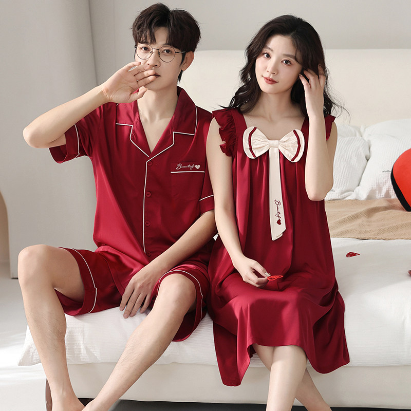 新款结婚红色情侣睡衣夏季丝绸吊带睡裙女薄款冰丝家居服新婚套装