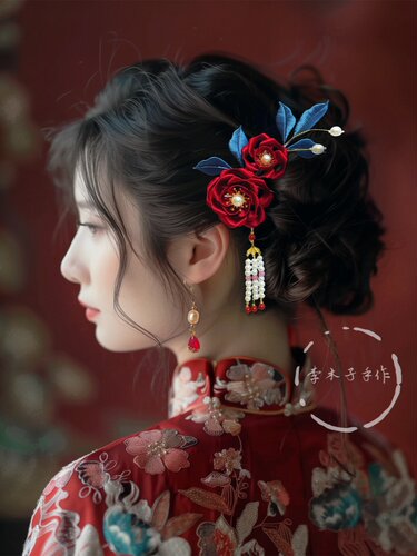 原创手工缠花玫瑰发钗流苏吊坠发簪发夹发梳汉服古装配饰复古国风