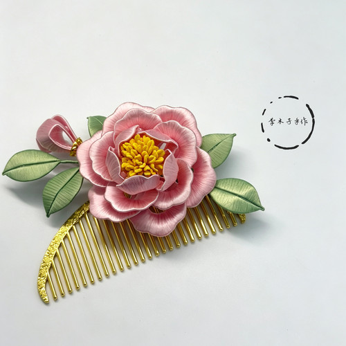 缠花发梳山茶花牡丹发钗汉服旗袍头饰古风大花朵新中式盘发发饰