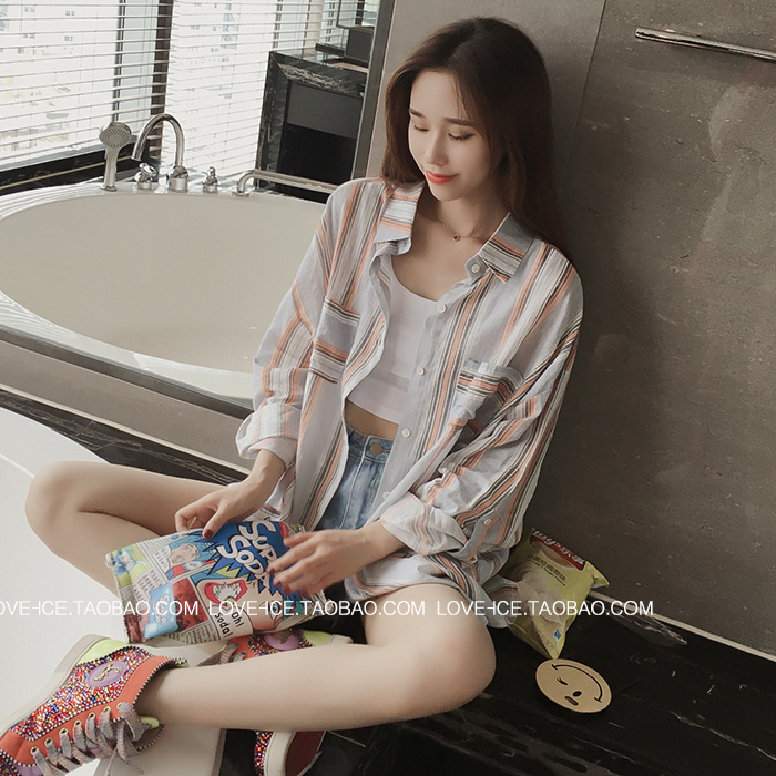 Official figure new medium length loose size long sleeve cardigan chiffon shirt female student vertical stripe shirt jacket fashion