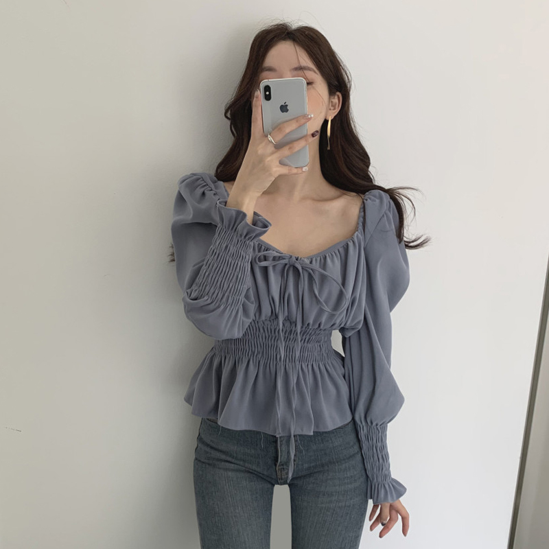 French style square neck bubble sleeve waist shirt