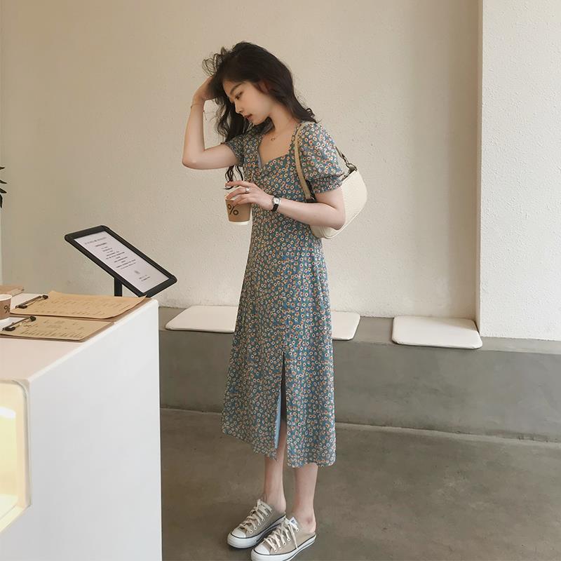 Floral dress women's 2020 summer new mid long split bubble short sleeve square neck skirt