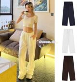 glowny 25新款 韩系华夫格松紧腰碎花休闲裤 现货申夏蓝同款 长裤 女