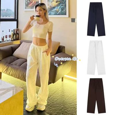 韩系华夫格松紧腰碎花休闲裤长裤