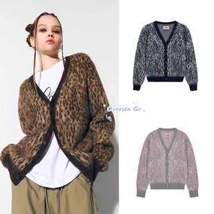 V领系扣宽松豹纹针织开衫 现货asif 柳智敏同款 金玟庭 毛衣 calie