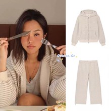 现货韩国 glowny 直井怜同款 休闲条纹连帽拉链卫衣外套长裤女