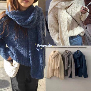 现货韩国overtake 25新款休闲纯色上衣V领针织衫围巾毛衣两件套女