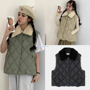现货egg 2024冬季新款时尚百搭可拆卸毛领菱格鹅绒羽绒服马甲外套