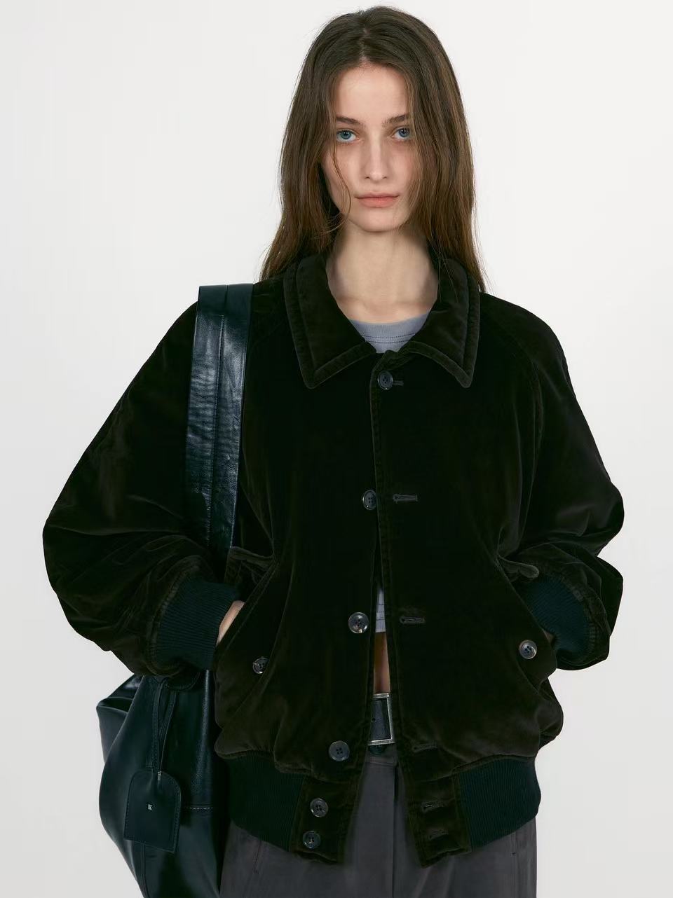 美式复古水洗天鹅绒翻领夹克外套