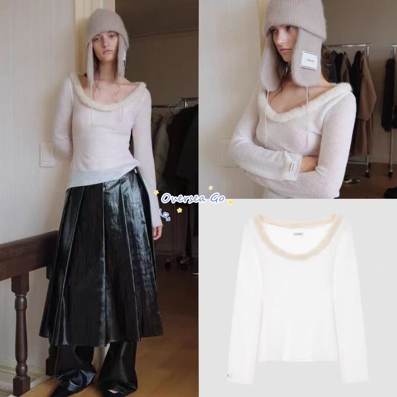 现货韩国overdue flair 辣妹修身毛领套头针织衫长袖毛衣打底衫女