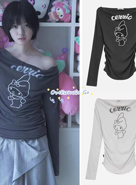 现货 cerric 26新款 美乐蒂印花褶皱一字肩荡领修身长袖T恤上衣女