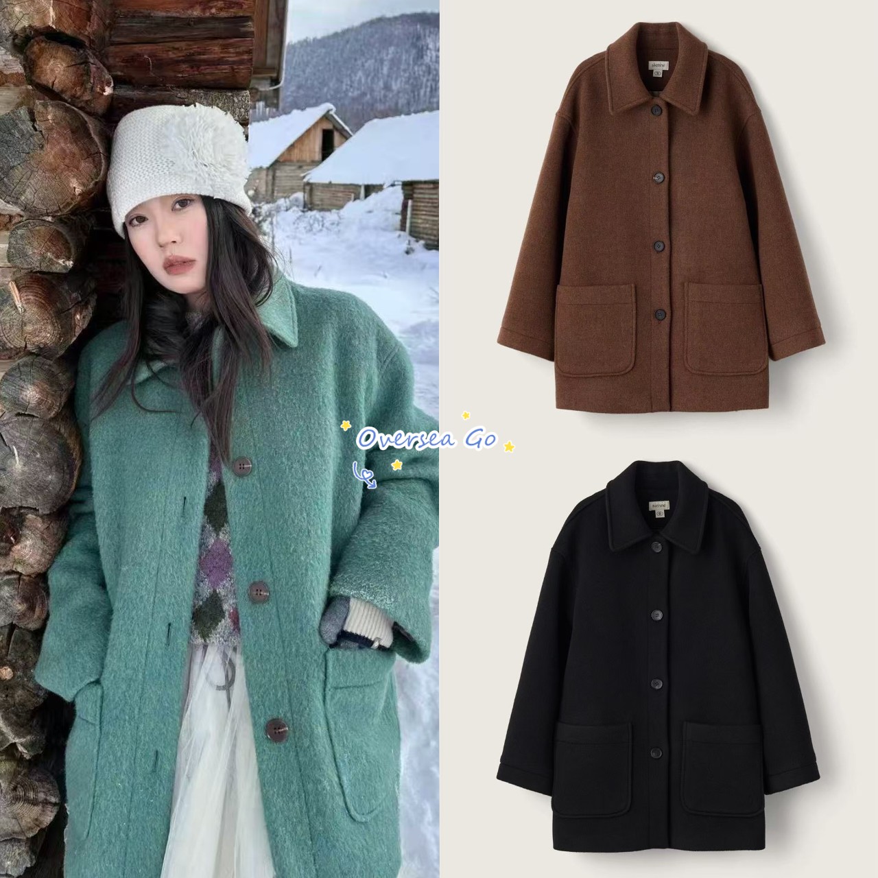 翻领单排扣毛呢大衣夹克外套女