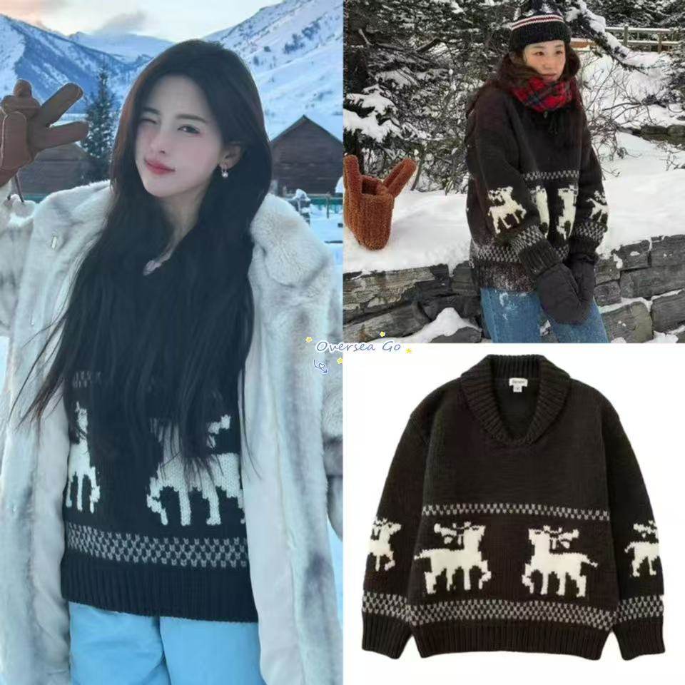 现货 sienne 杨超越同款复古翻领提花圣诞氛围感麋鹿针织衫毛衣女