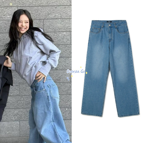 Jennie同款高腰直筒阔腿牛仔裤