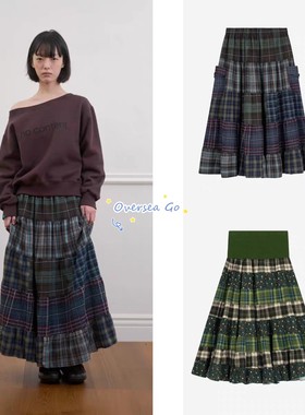 现货nocontent 26早春新款金宝罗同款拼色碎花格纹宽松长裙半身裙