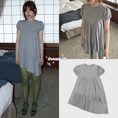 复古不规则褶皱泡泡袖连衣裙女