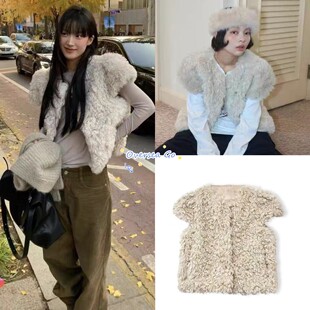 现货 韩国Rosie马甲26早春新款宽松设计感圆领皮毛一体短袖外套女