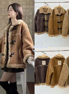现货 韩国小众 arancia 25秋冬新款复古牛角扣皮毛一体羊羔毛外套