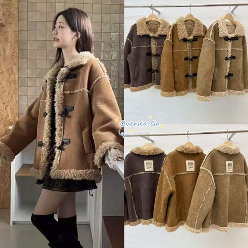 现货 韩国小众 arancia 25秋冬新款复古牛角扣皮毛一体羊羔毛外套