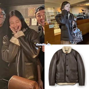 现货era 金智妮jennie/申有娜同款 翻领皮毛一体保暖皮衣夹克外套