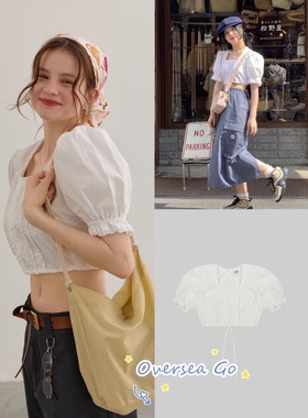 现货modest mood 韩国小众设计少女风泡泡袖圆领褶皱短款衬衫女