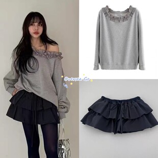 现货韩国 bertha-A 26新款木耳边一字领露肩长袖卫衣松紧腰短裤裙