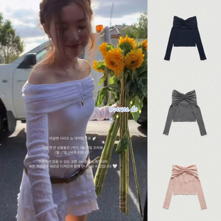 现货The Barnnet 2025新款八奶大蝴蝶一字肩长袖针织衫毛衣上衣女