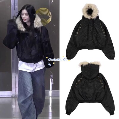 折扣现货 Minju同款 FANCY CLUB 复古连帽拉链毛领夹克外套棉服女