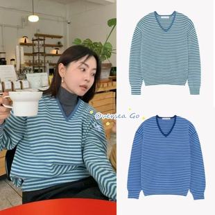 现货 moondal 25秋冬新款 经典撞色慵懒风条纹v领针织衫毛衣女