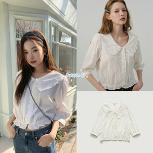 现货The barnnet 八奶甜美减龄娃娃领荷叶边短款五分袖衬衫上衣女