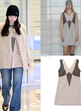 现货韩国Viaplain 林允儿同款甜美V领碎花蕾丝拼接格纹吊带连衣裙