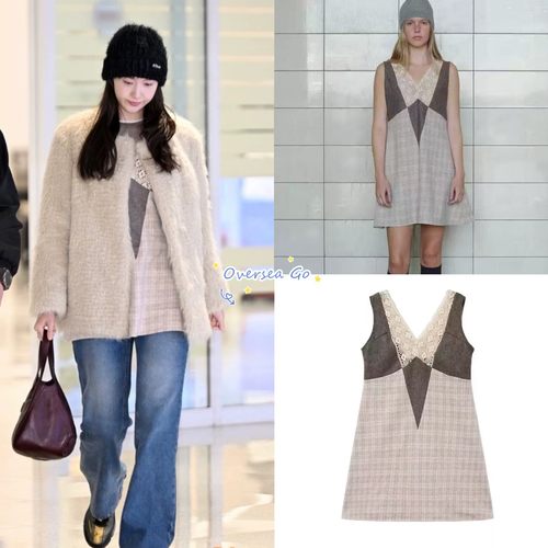 现货韩国Viaplain 林允儿同款甜美V领碎花蕾丝拼接格纹吊带连衣裙