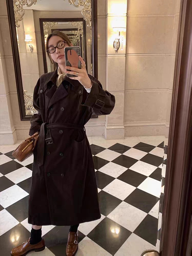 复古高级灯芯绒长款风衣外套女