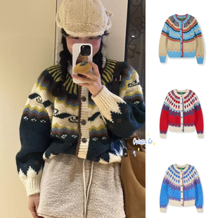 韩国GREEN 复古撞色提花针织开衫 BUTTER 新款 毛衣女 2024冬季 现货