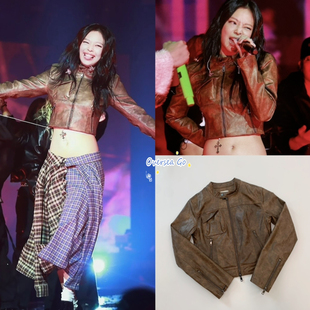 现货 RHEME 新款 金智妮Jennie同款背面系带机车夹克皮衣短外套女