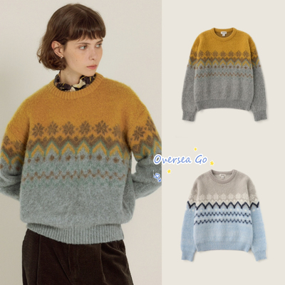 撞色提花羊毛毛衣慵懒风圆领宽松