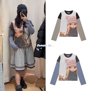 现货秒发coyseio 联名blythe 新款卡通娃娃拼接条纹假两件长袖T恤