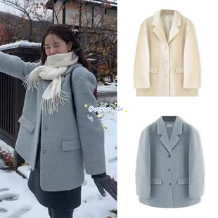 现货 韩国ounce 2025冬季新款 简约气质纯色单排扣毛呢西装外套女
