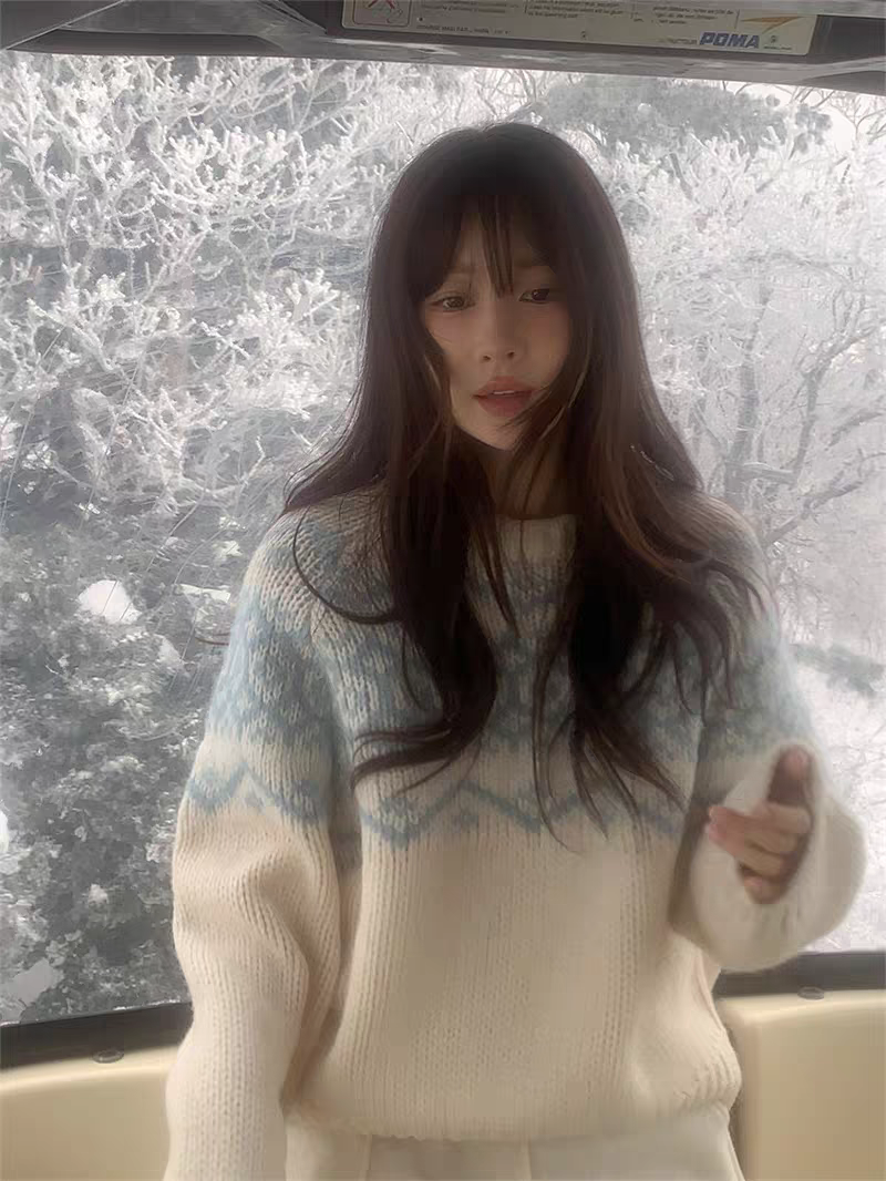 现货韩国东大门25冬季新款甜美减龄温暖北欧提花套头针织衫毛衣女