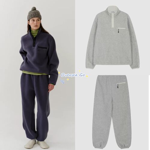 休闲抓绒半纽扣上衣/加绒卫裤女